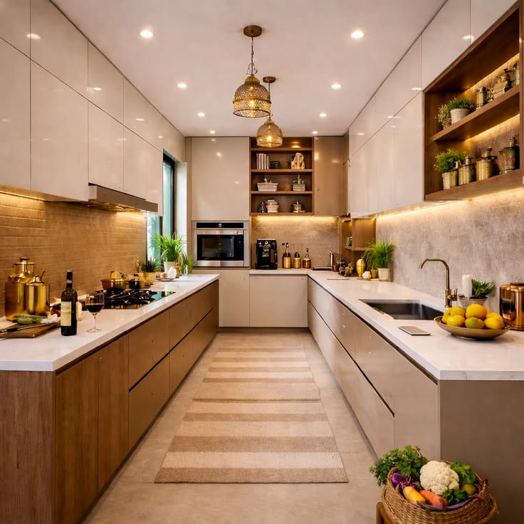Modern Luxury Parallel Kitchen Design _ Warm Lighting & Wooden Finish Interior Ideas